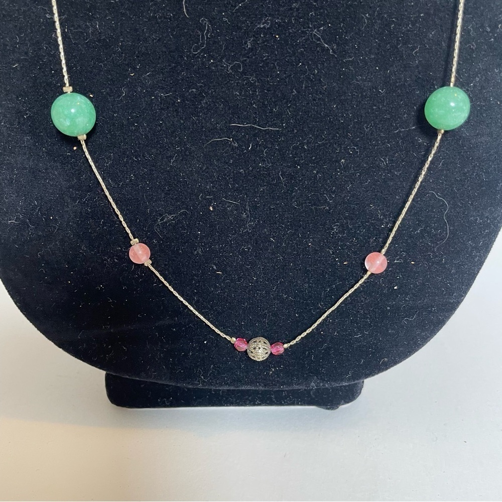 Vintage Boho Green,Red, Pink and Brass Ball Beaded 19” Drop Long Necklace - Picture 3 of 7